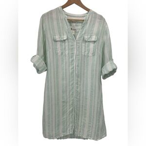 Malvin Linen Button Front Shift Midi Roll Tab Sleeve Striped Shirt Dress - L/10